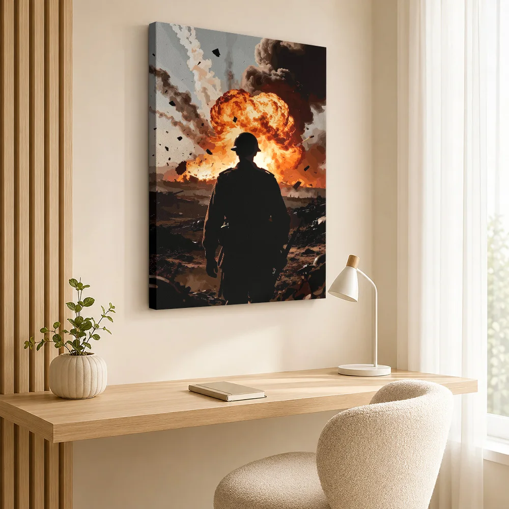 Soldier facing a massive explosion Framed Canvas Poster Customized Photo Modern Aesthetic Wall Paintings Decoration for Office