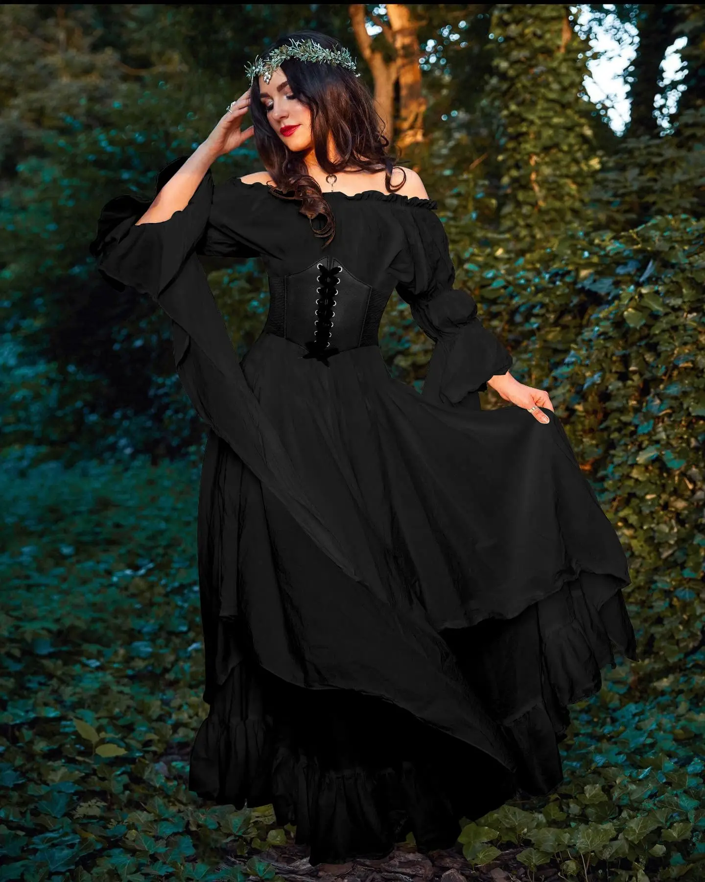 Gothic Witch Victorian Dress Puff Sleeve Off Shoulder Ruffle Medieval Halloween Costume for Women Renaissance Dress