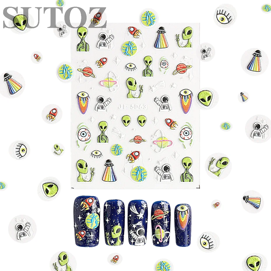 5D Aliens Astronaut Embossed Nail Stickers  Green Alien eyes Astronaut Design Cute Interstellar Style Nail Art Decor #LEJI-5D63