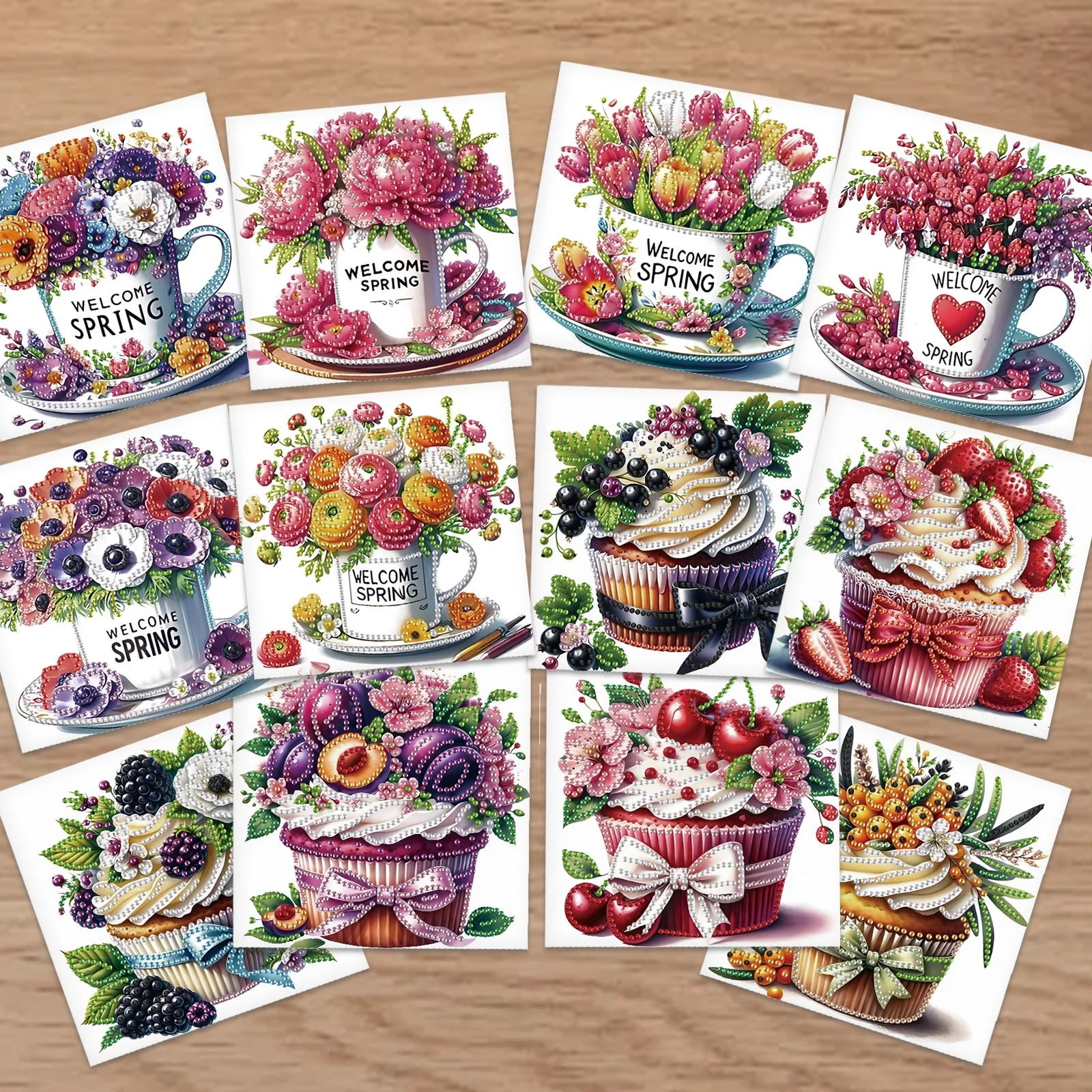 

12 шт., наборы поздравительных открыток с ромбовидной живописью для взрослых, поздравительные открытки с цветами и кексами, алмазные художественные открытки для творческого декора, подарок