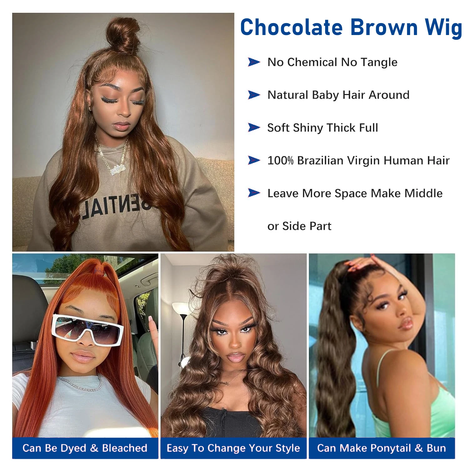 Chocolate Brown 13x4 Lace Front Human Hair Wig Pre Plucked HD Lace Colored #4 Bone Straight Lace Frontal Wigs Human Hair Virgin