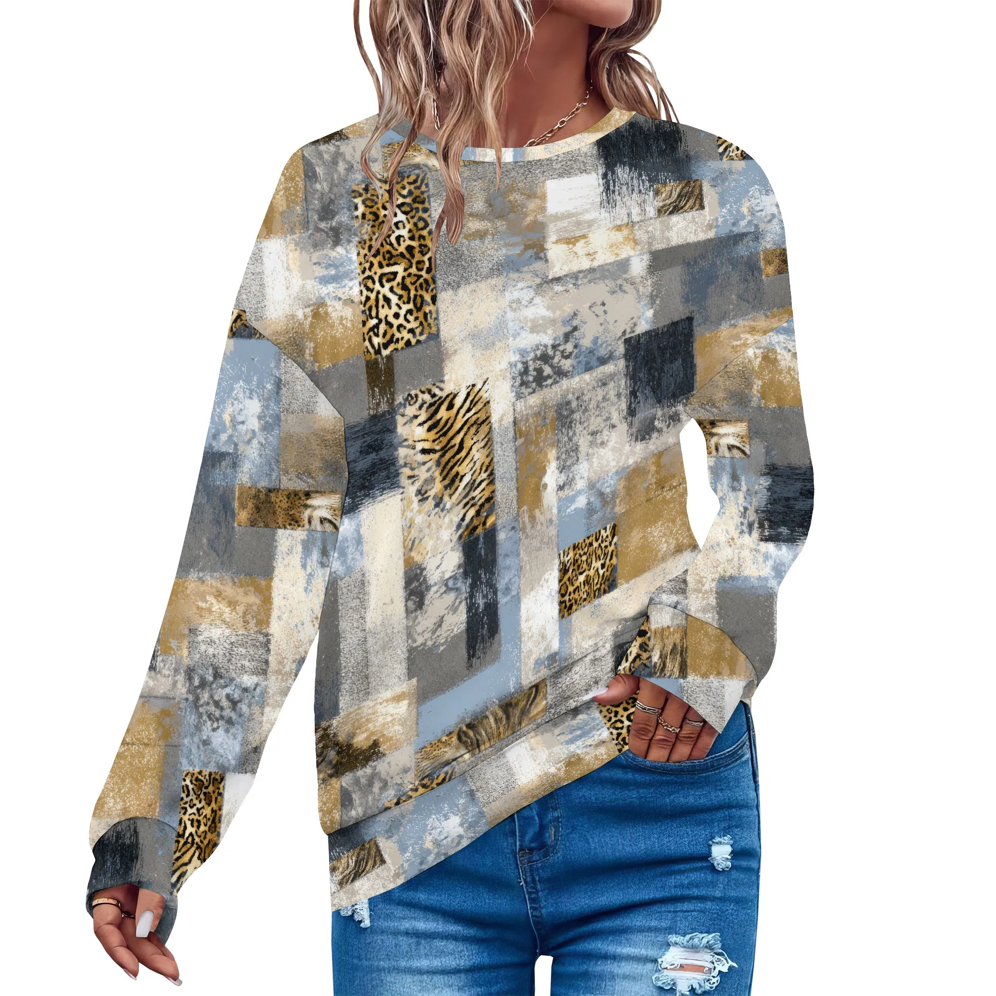 Camicia da donna alla moda a maniche lunghe Y2k con grafica autunnale Felpa basic leggera e comoda girocollo