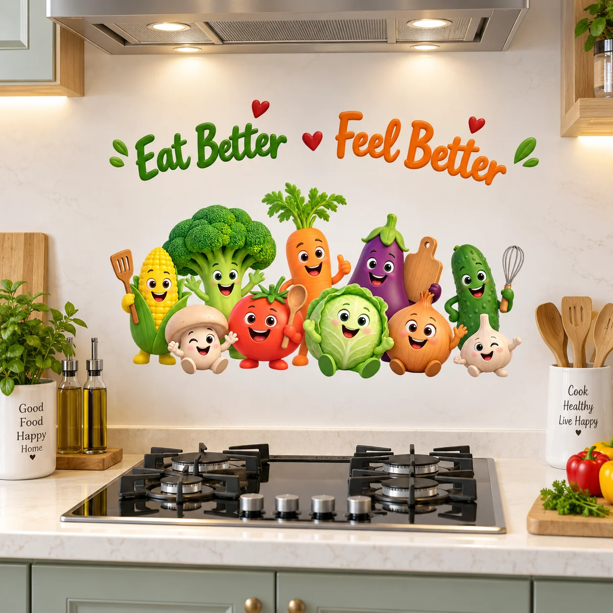 Kitchen Wall Decals Eat Better Feel Better Cute Cartoon Vegetables Healthy Food Funny Quote Kitchen Decor Sticker
