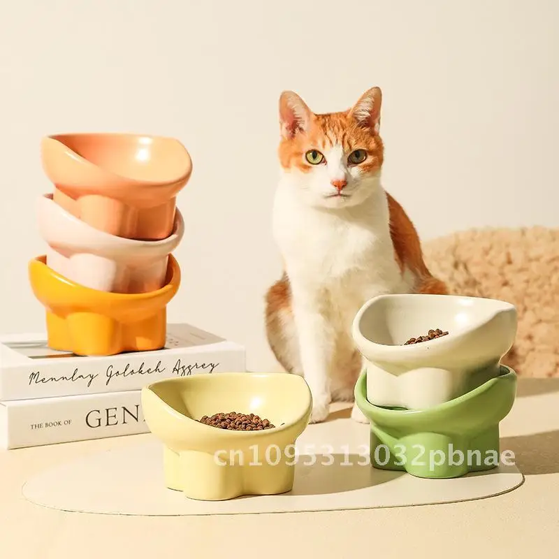 

Ceramic Cat Bowl with High Foot Design Dog Rice Bowl Double Food Basin Anti-Overturning Pet Water Dish in Multiple Colors