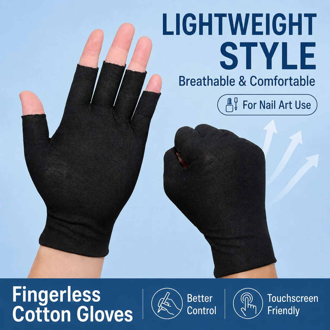 1 Pair Lightweight Breathable Nail Art Cotton Gloves Touchscreen Compatible White Gray Black Fingerless Manicure Gloves for Nail