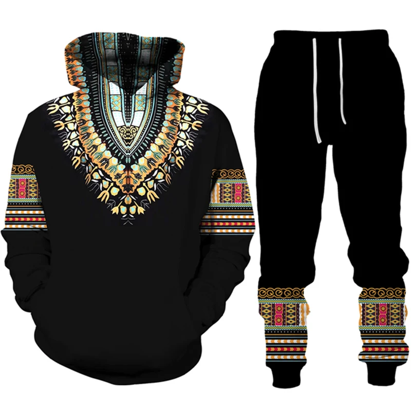 Men's Tracksuit African Dashiki Hoodie Suit Casual 3D Printed Ethnic Style Sweatshirt Pants Set Men Women Folk Custom Streetwear