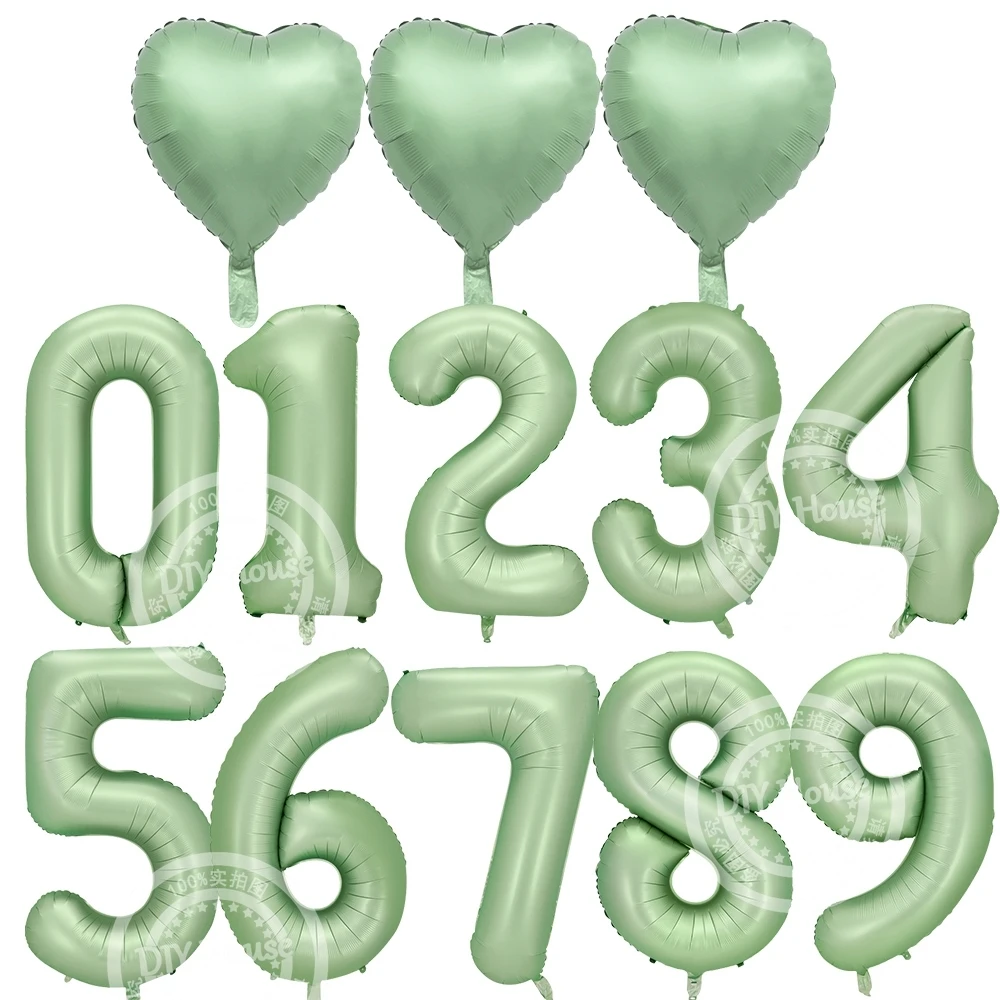 40inch Vintage Green Number Balloon 18inch Heart Balloons For 30 40 50 60 70 Happy Birthday Party Decoration DIY Home Supplies