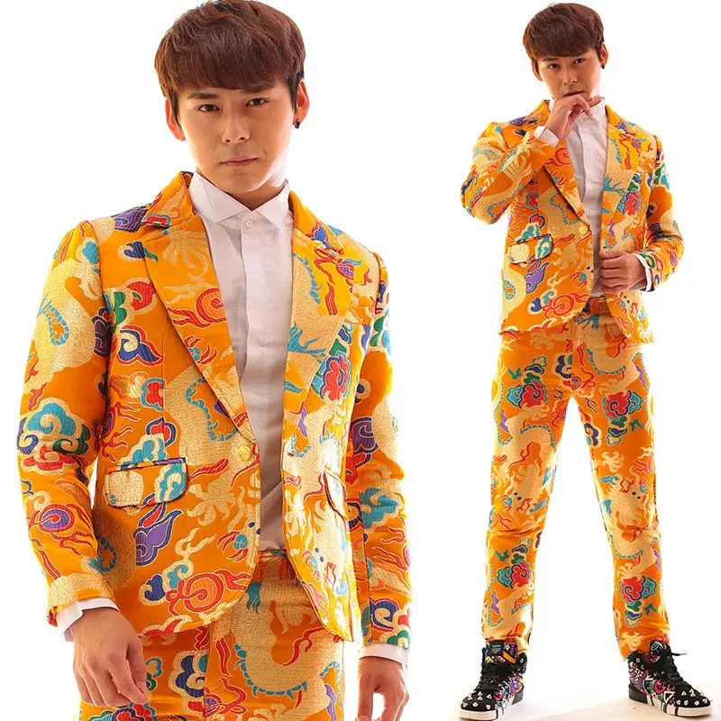 Chinese Style Men's Tang Suits Wedding Ceremonies Hosts Embroidered Suit Coat Personalized Dragon Robe Performance Costume Set