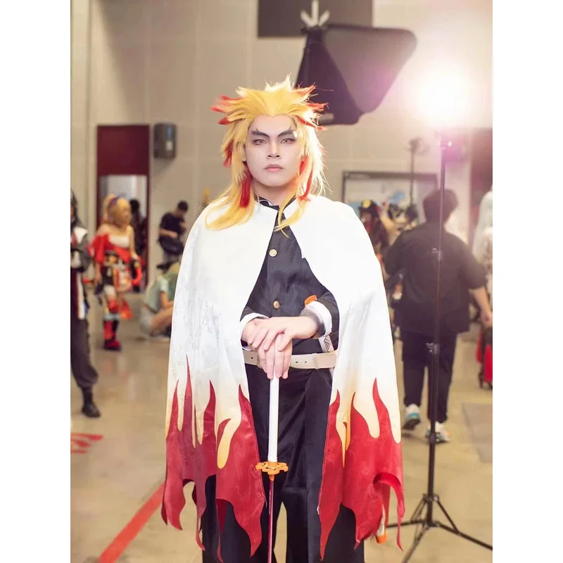 Anime Demone Slayers Rengoku Kyoujurou Costume Cosplay Per Adulti Bambini Parrucca Kimono Uniforme Festa di Carnevale Kimetsu No Yaiba Robe Abiti