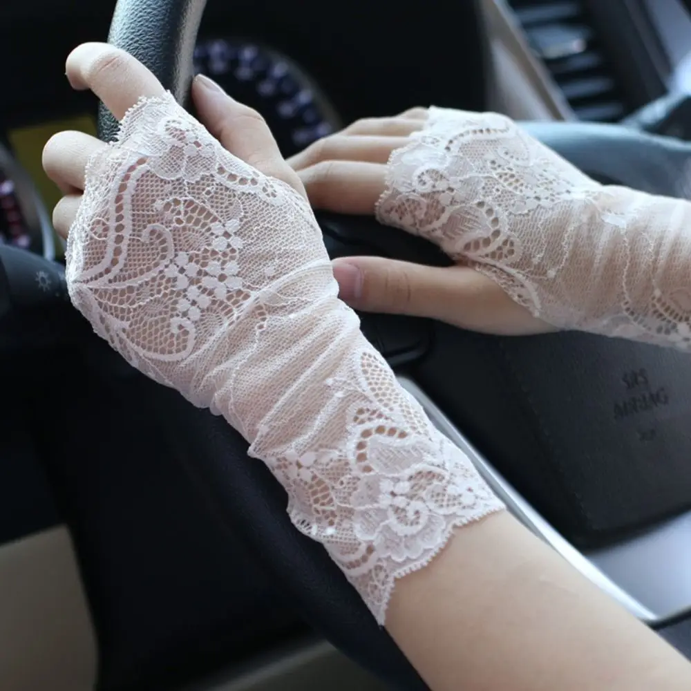 Summer Women Sexy Mesh Lace Sunscreen Half Finger Gloves Breathable Thin Driving Cycling Cosplay