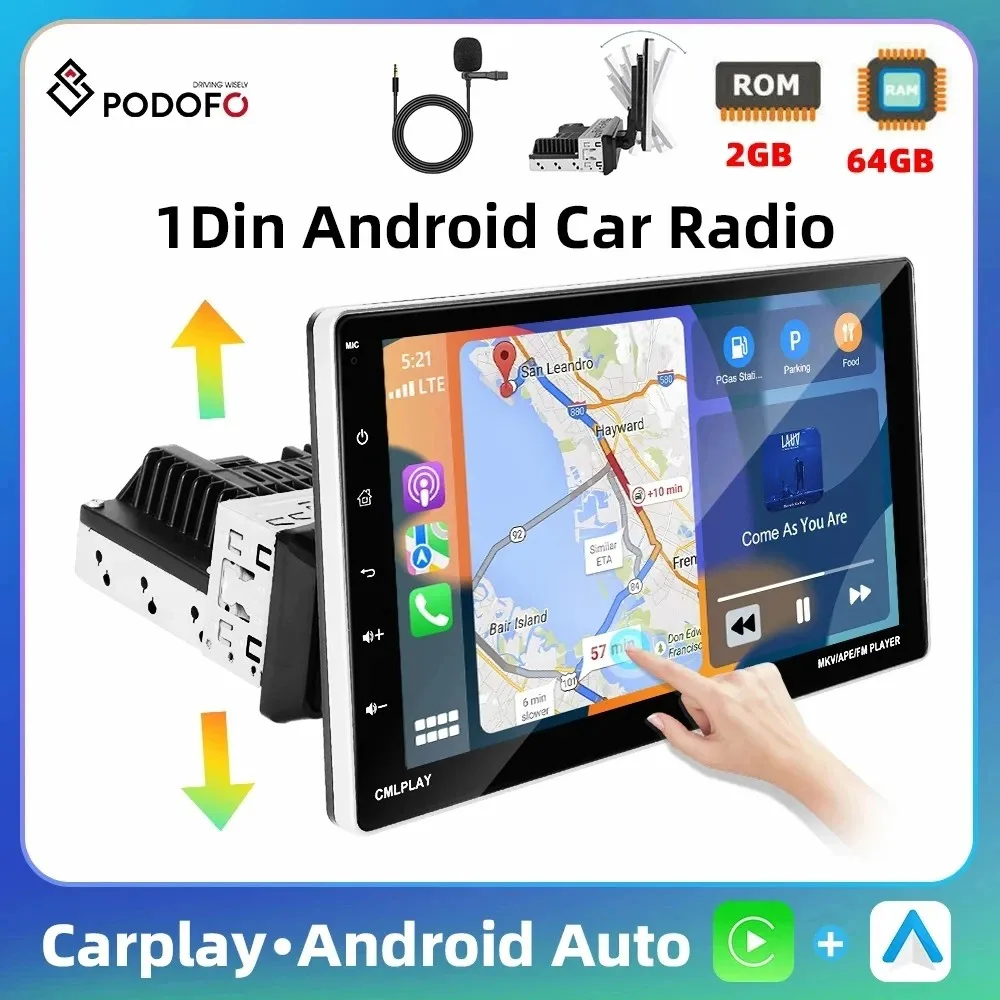 Podofo 1Din Android Car Stereo 9'' 2+64G Multimedia Player Carplay Android Auto GPS Navigation WIFI Bluetooth FM/RDS Car Radio