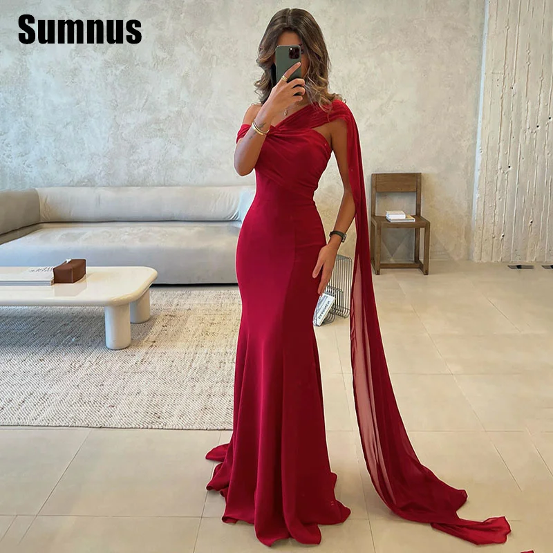

Sumnus Elegant Mermaid Red Evening Dresses Floor-Length One Shoulder Formal Occasion Dresses فساتين سهرة Customized
