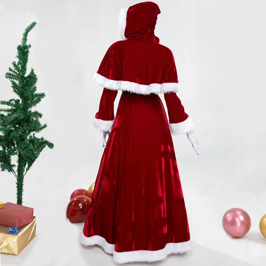 Christmas Dress Santa Claus Mrs. Claus Cosplay Costume Velvet Long Dresses Women Winter Warm Furry Red Dress Xmas Party Suits