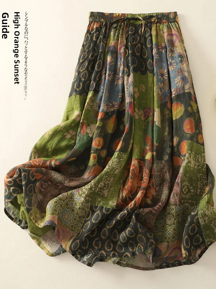 

Ретро-юбка миди из льна с художественным принтом, женская летняя легкая двухслойная расклешенная А-образная юбка средней длины