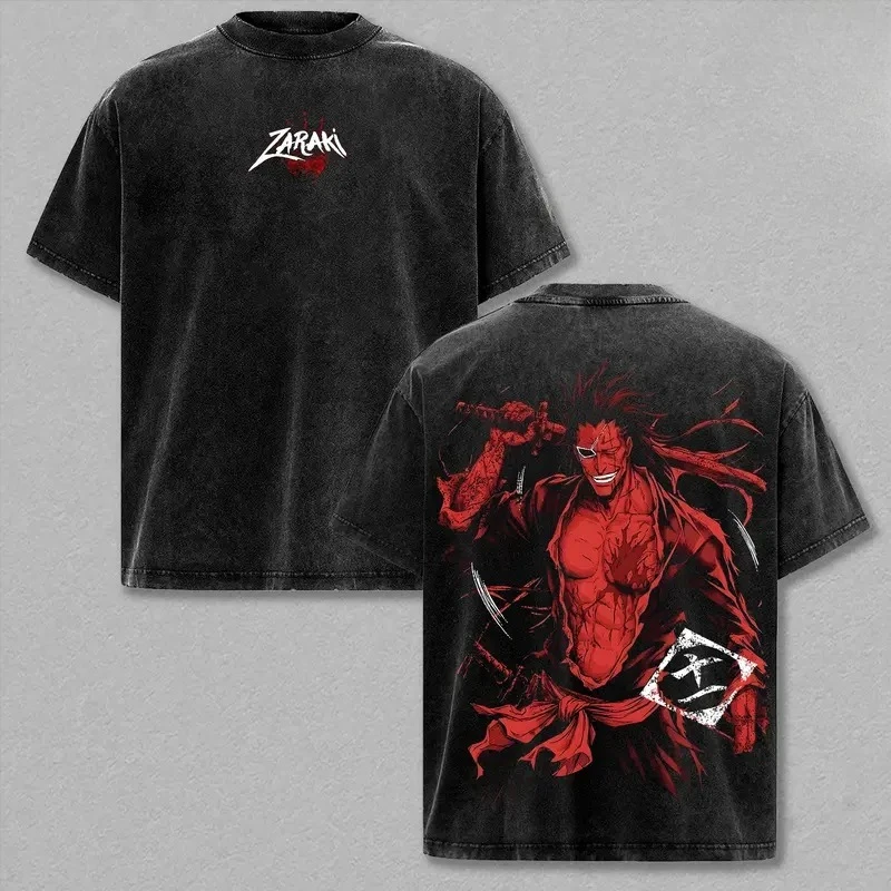 BLEACH Zaraki Kenpachi Retro T Shirt Manga Graphic Vintage Washed T-shirt Men Women Clothing Oversized 100% Cotton Tees Clothes