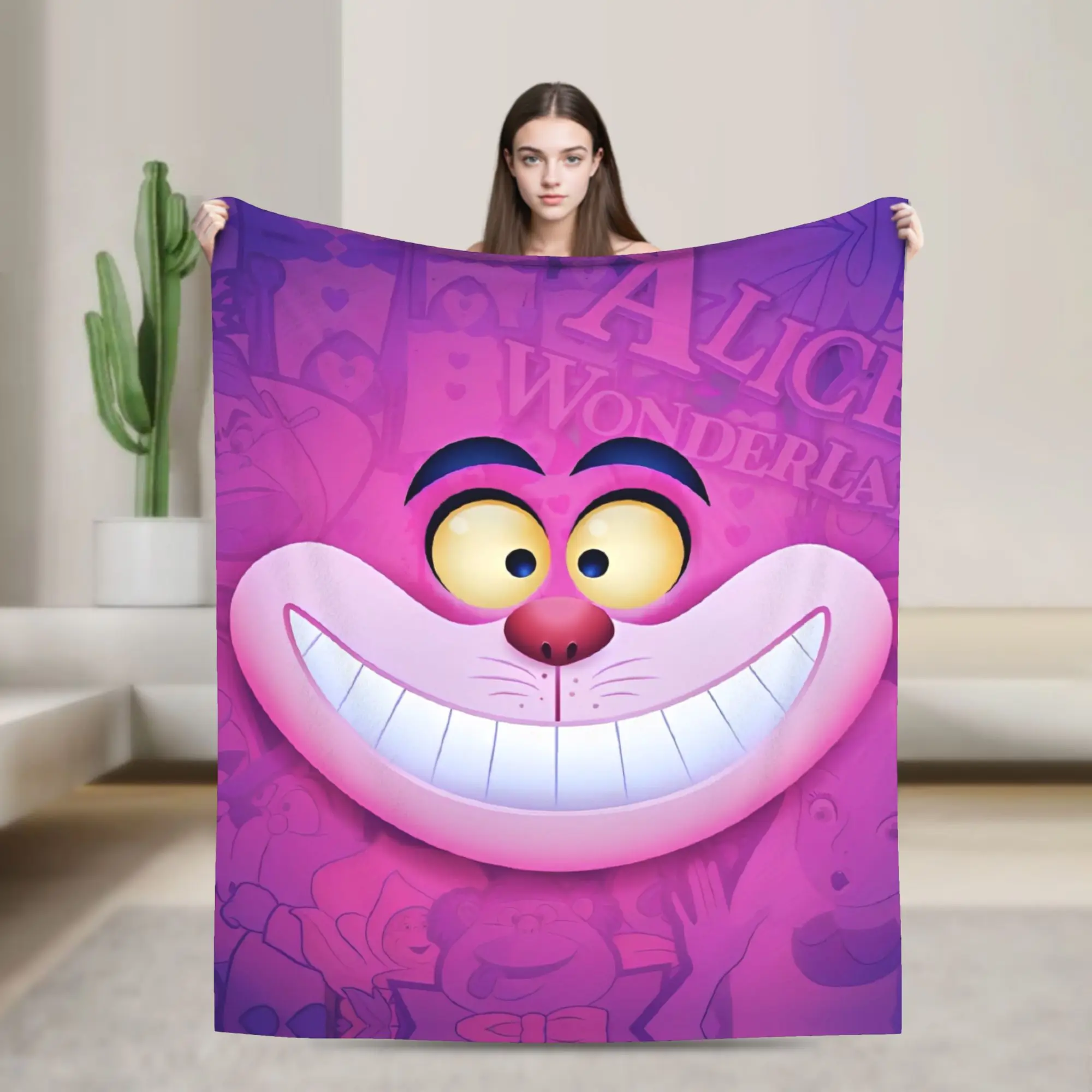 Cartoon Alice in Wonderland Cheshire Cat Knitted Blankets Flannel  Super Warm Throw Blanket for Outdoor Travel Bedroom Quilt