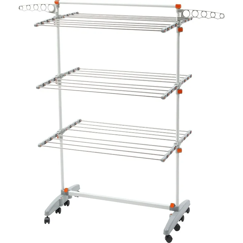 BDP-V23 Foldable Rolling 3-Tier Clothes Laundry Drying Rack with Stainless Steel Hanging Rods, Collapsible Shelves and Base