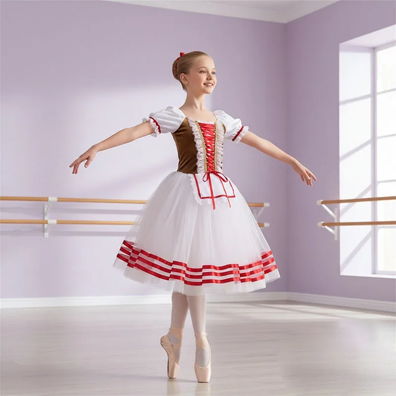 

Red Romantic Long Tulle Ballet Skirt Dress Girls Soft Spanish Ballerina Performance Costume