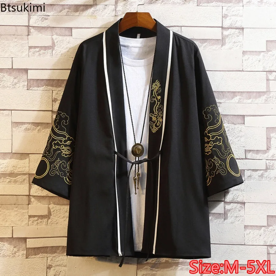 

2024 Men's Kimono Cardigan Lace Up Tops Chinese Style Traditional Clothing Vintage Embroiderd Thin Jacket Man Hanfu Big Size 5XL