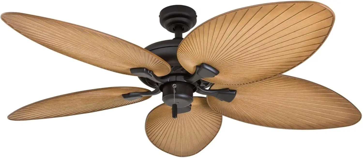 

Palm Island, 52 Inch Tropical Indoor Outdoor Ceiling Fan with No Light, Pull Chain, Two Mounting Options, 5 Palm Leaf Blades, Da