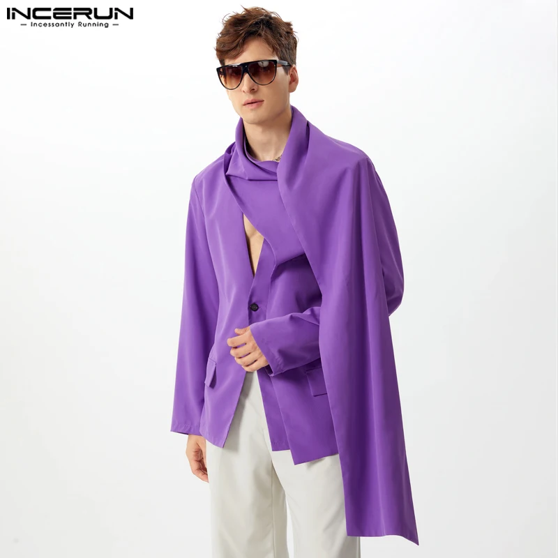 INCERUN Tops 2024 American Style Fashion Men Collarless Design Shawl Suit Coats Personality Male Solid Long Sleeved Blazer S-5XL