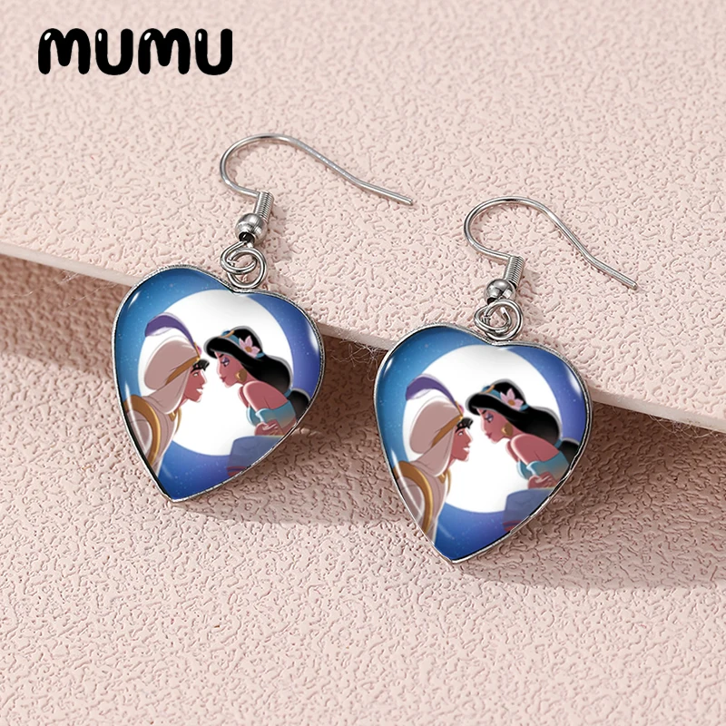 2024 New Aladdin with Princess Jasmine Dangle Earring Heart Shaped Earrings Handmade Glass Dome Jewelry Gifts Fans