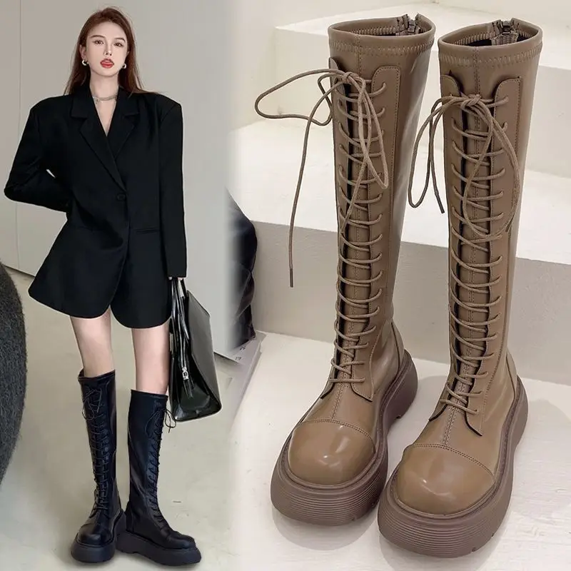Long tube boots for women in the autumn and winter of 2025  new style below knee thick soled high tube slim knight boots