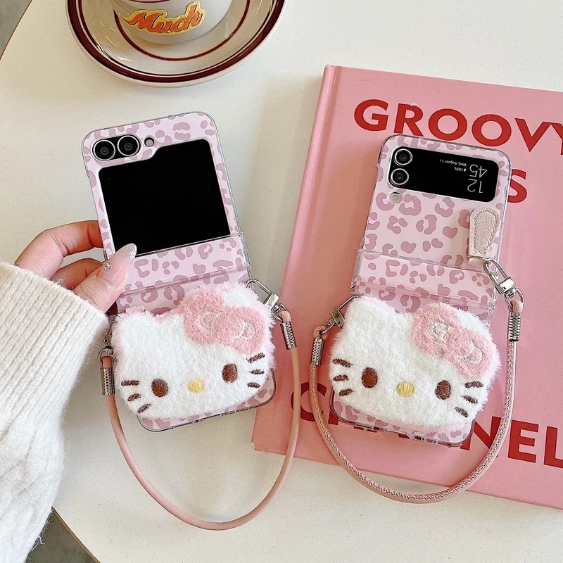 3D Cute Cartoon Sanrio Hello Kitty Leopard Print Furry Plush Phone Case For Samsung Galaxy Z Flip 6 5 4 3 Cover With Lanyard