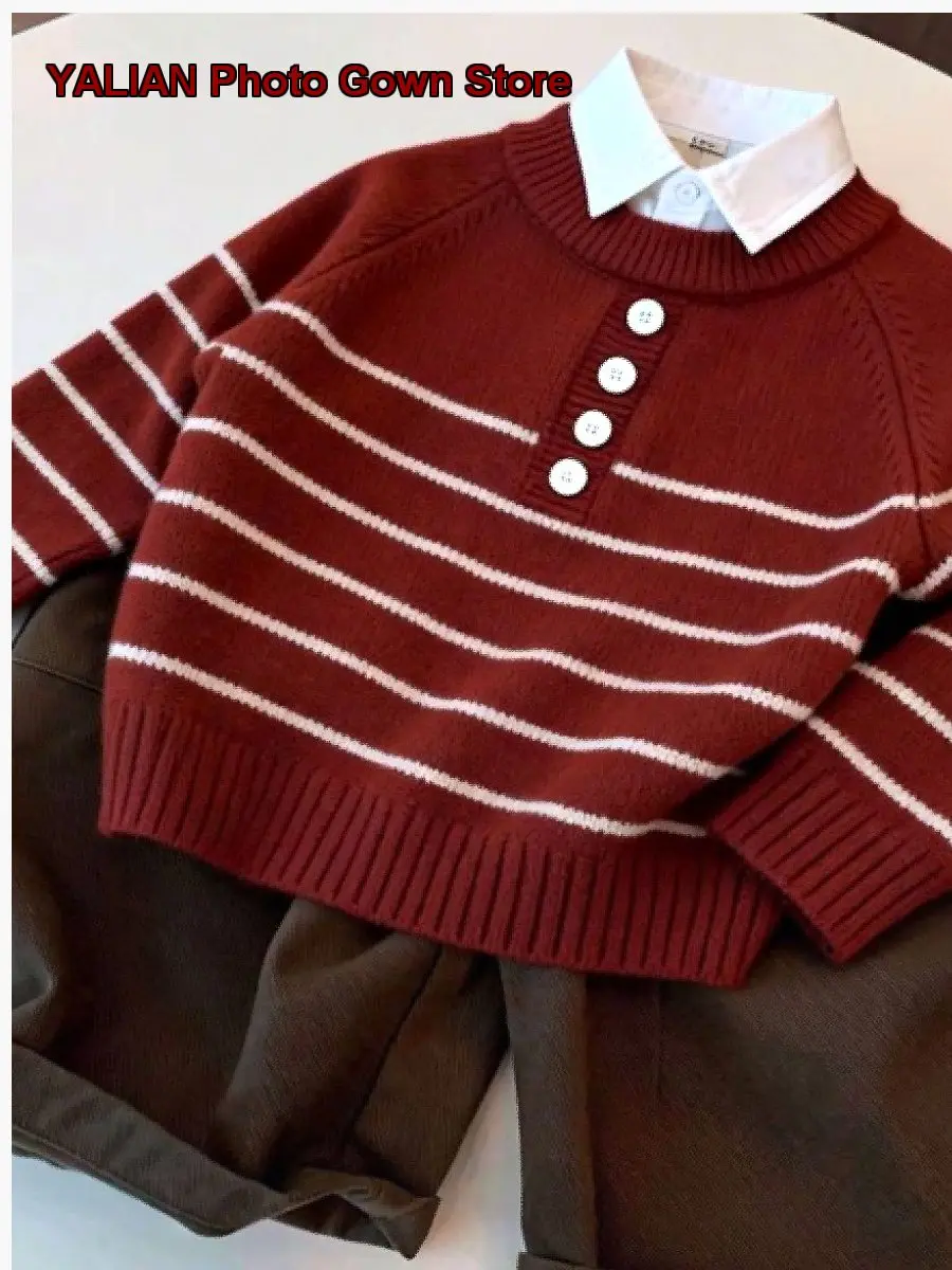 Kids Striped Autumn Winter Middle Younger Kids Knit Pullover Solid Color Warm