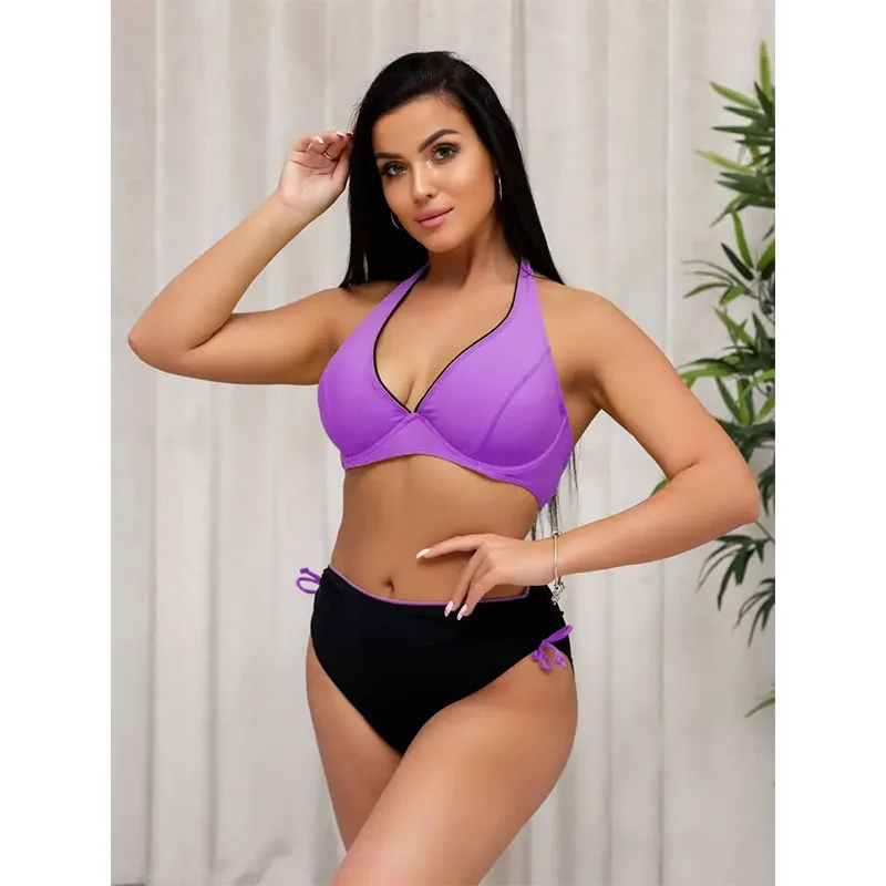 

solid color hardpack high-waisted bikini lace-up swimsuit NO stock need order for 100pcs to produce 2024 new