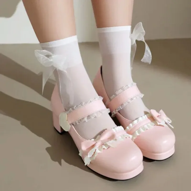 2025 New High Heels Sweet Pink Bow Pumps Shoes Women Platform Sandals Lolita Girls Cosplay Uniform Shoes Black White Plus Size