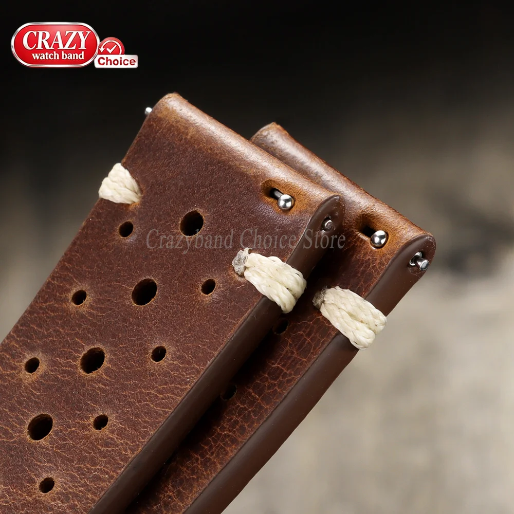 20mm22mm Oil Leather Watch Strap Quick Release Breathable Porous Band Brown Black Vintage Cowhide Band Butterfly Buckle Bracelet