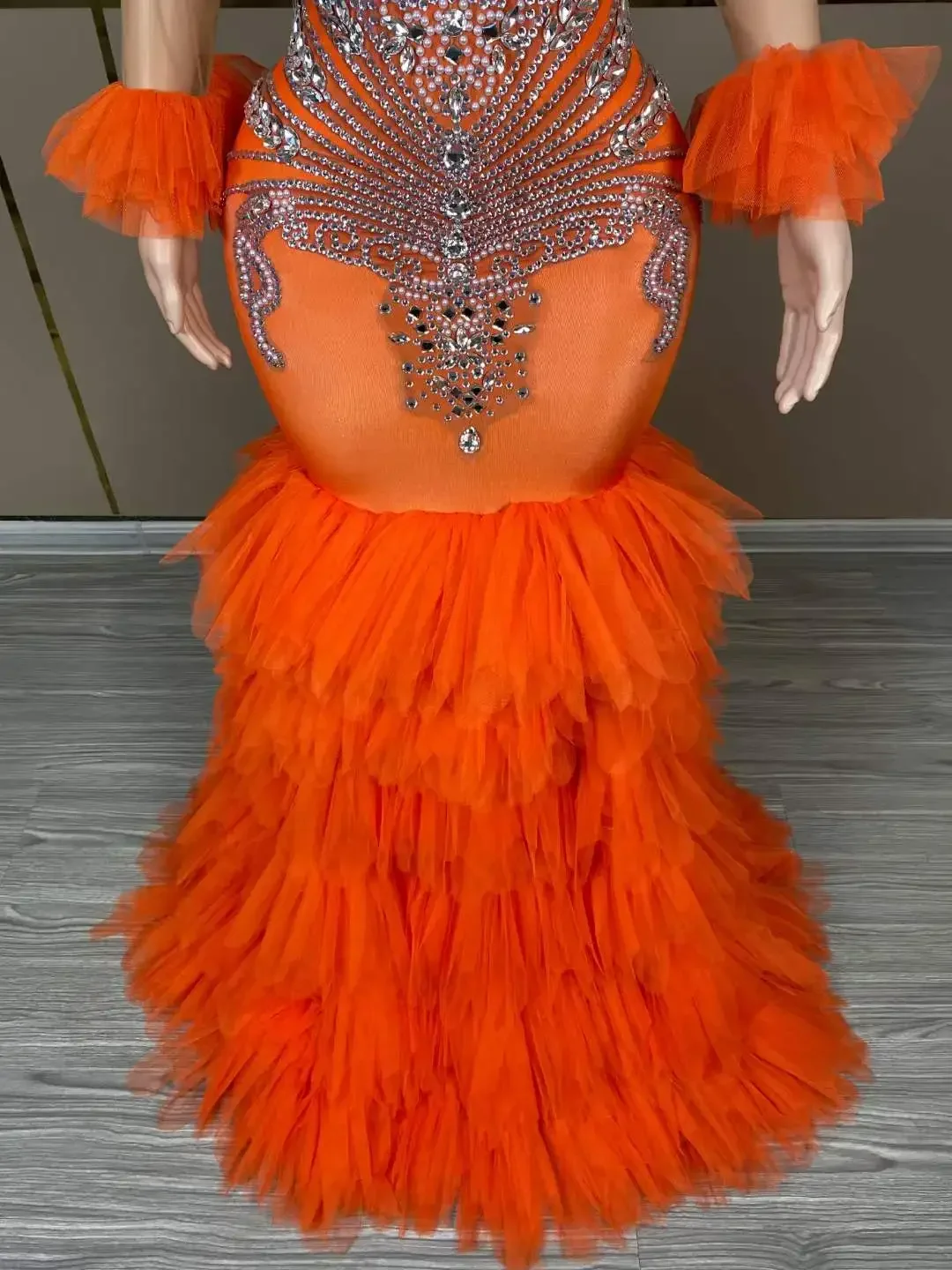 Orange Rhinestone Dresses Mesh Floor Long Dress Birthday Evening Prom Wedding Stage Wear Drag Queen