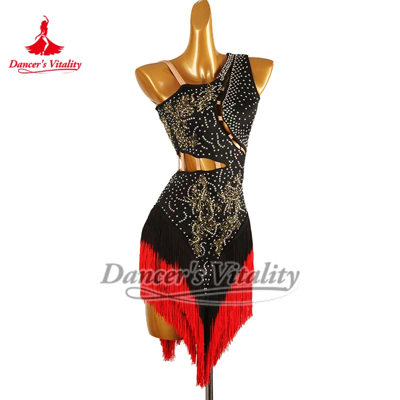 Vestido sin mangas Chacha Samba con borlas de Color degradado rojo y negro para mujer, traje de examen de grado de baile latino personalizado