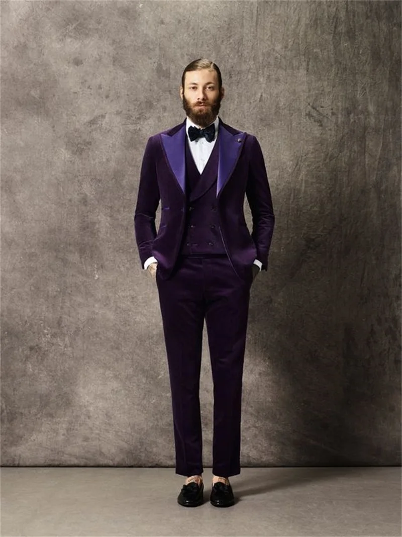 Costume Blazer et pantalon en velours violet pour homme, veste à revers, sur mesure, manteau d'automne et d'hiver, 3 pièces