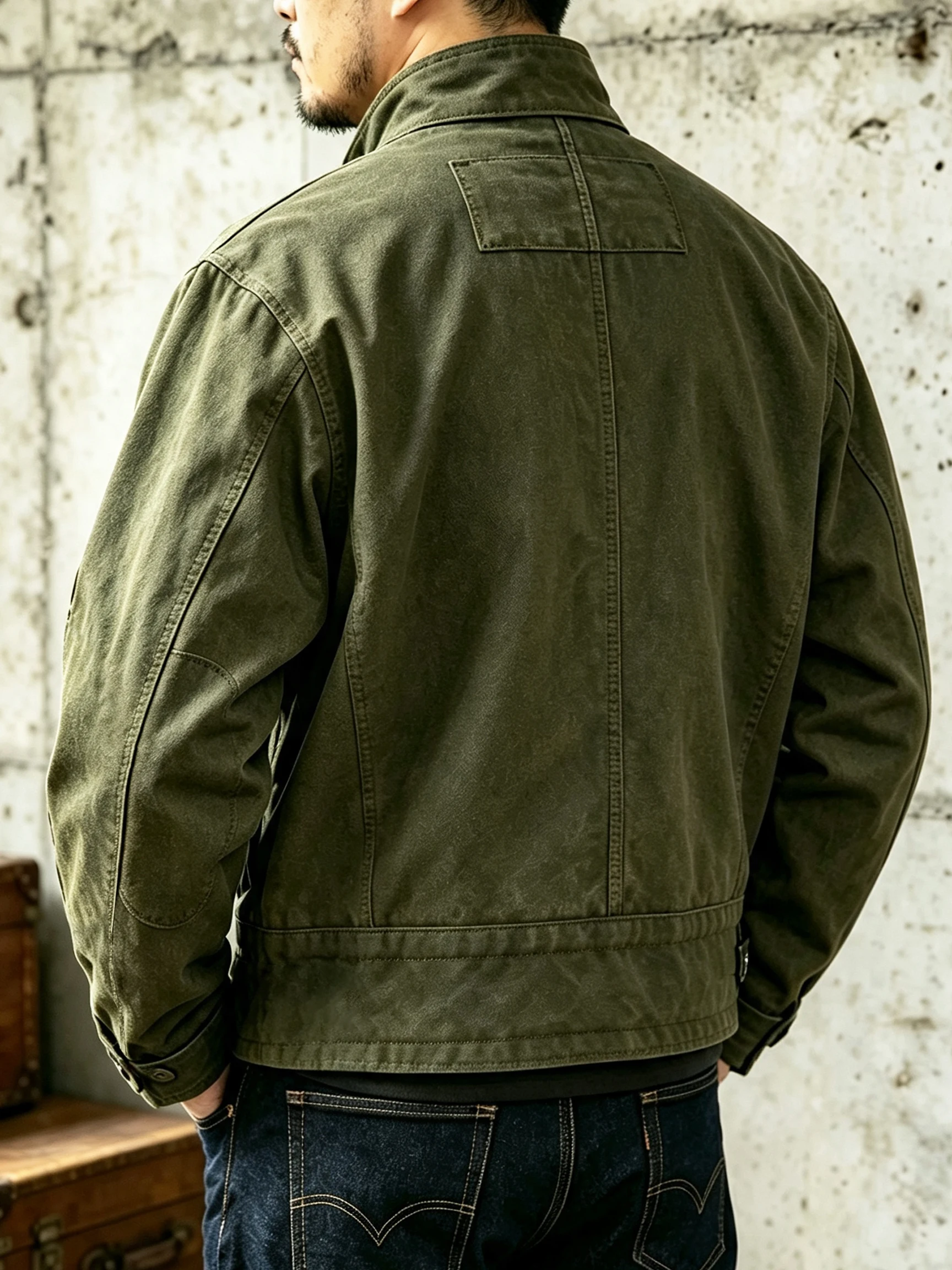 Swedish Motorcycle Jacket, Men's Retro Military Green Casual Cropped Jacket, 100% Cotton Canvas Workwear Asymmetric Safari Style