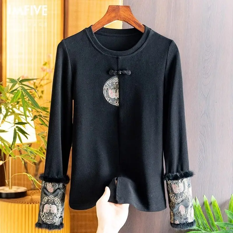 

Floral Embroidered Blouses Women Long Sleeve Vintage Shirts Chinese Style Retro Buckle Tops