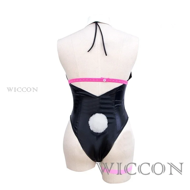 Disfraz de conejito de charol negro para niña, conjunto de ropa sexy y Linda para Halloween, peluca con tocados, accesorios