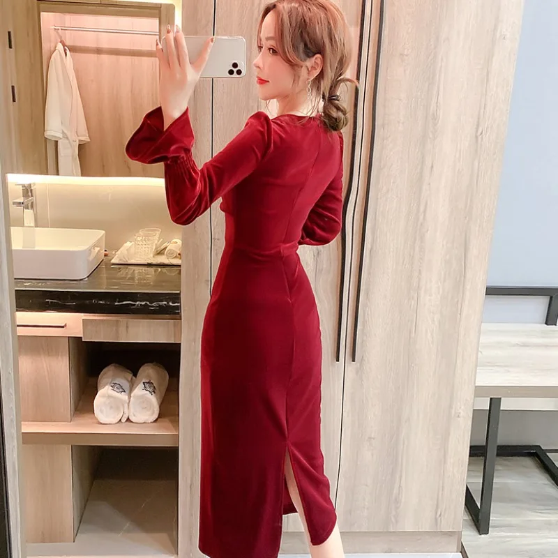 2022 Women Autumn Winter Velvet Dress Lady Long Sleeve Fungus Lace Mesh Yarn Velour Dresses Chic Casual Elegant Party Vestidos