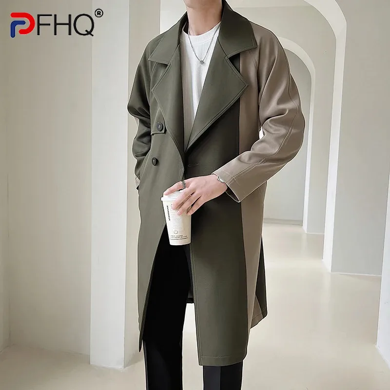 

PFHQ Medium Long Loose Korean Fashion Coat Men's Windbreaker Contrast Color Patchwork Luxury Male Trench Fashion 21Z6030