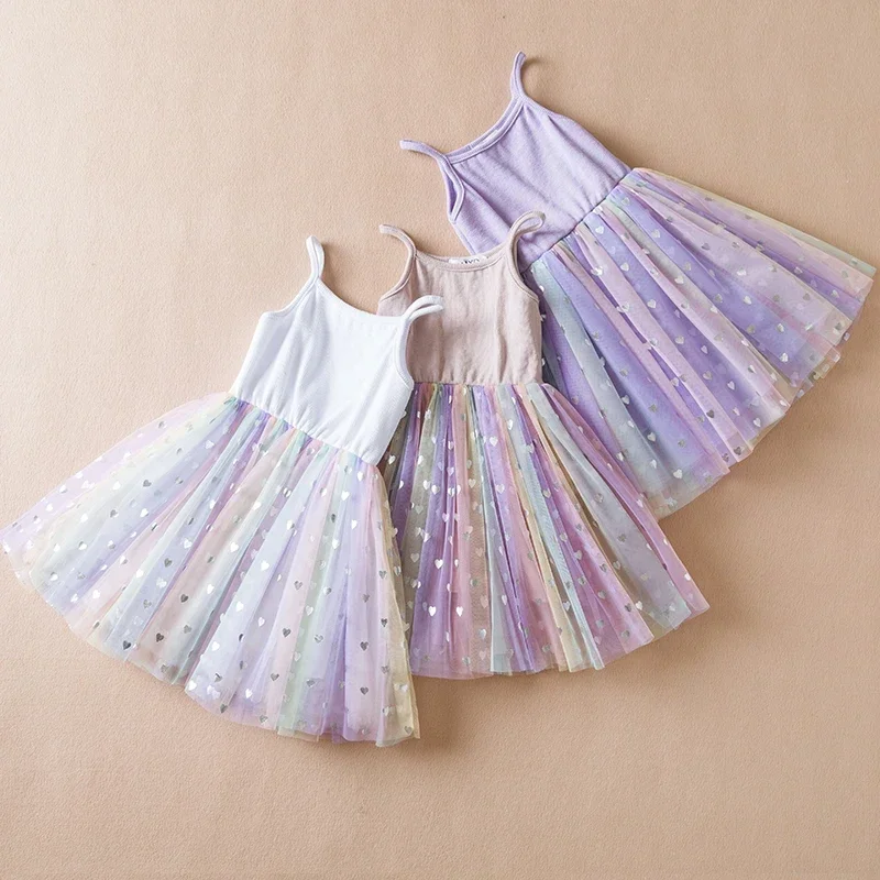 Toddler Baby Girl Dress Rainbow Sequins Tulle Tutu Vestidos 1-5Y Kids Birthday Party Princess Set Infant Summer Sleeveless Dress