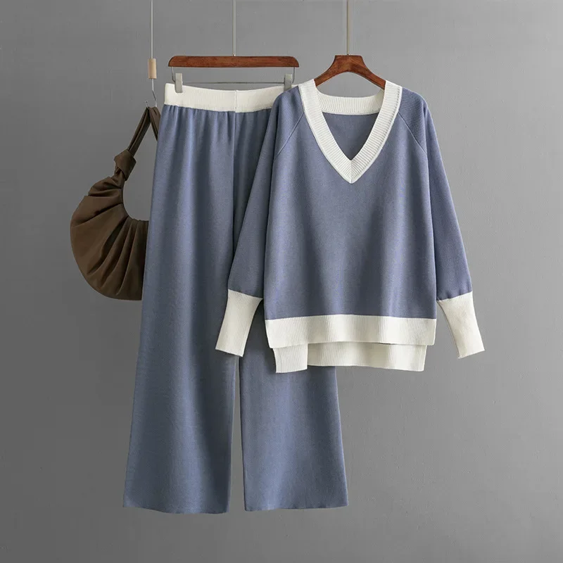 Casual set women's autumn and winter new item V-neck contrasting knitted sweater loose wide leg pants two-piece set