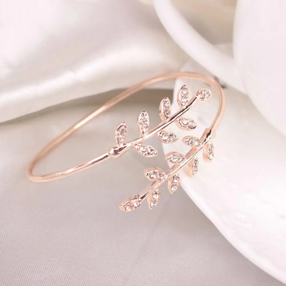 

Fashion Women Rhinestone Inlaid Leaf Adjustable Opening Bracelet Bangle Jewelry