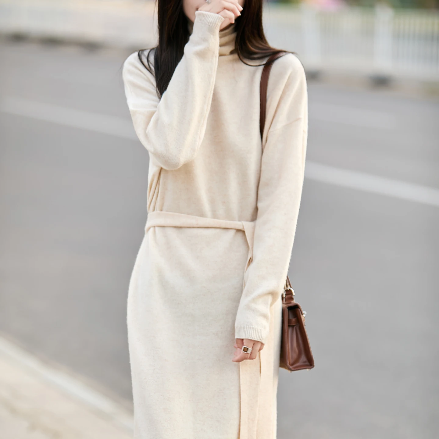 S-XXL Nowa Sukienka Swetrowa Damska z Wysokim Kołnierzem, Dzianina ze 100% Czystej Wełny, Długa, Dopasowana, Jednolita, Jesienno-Zimowa Sukienka Pulower Damska