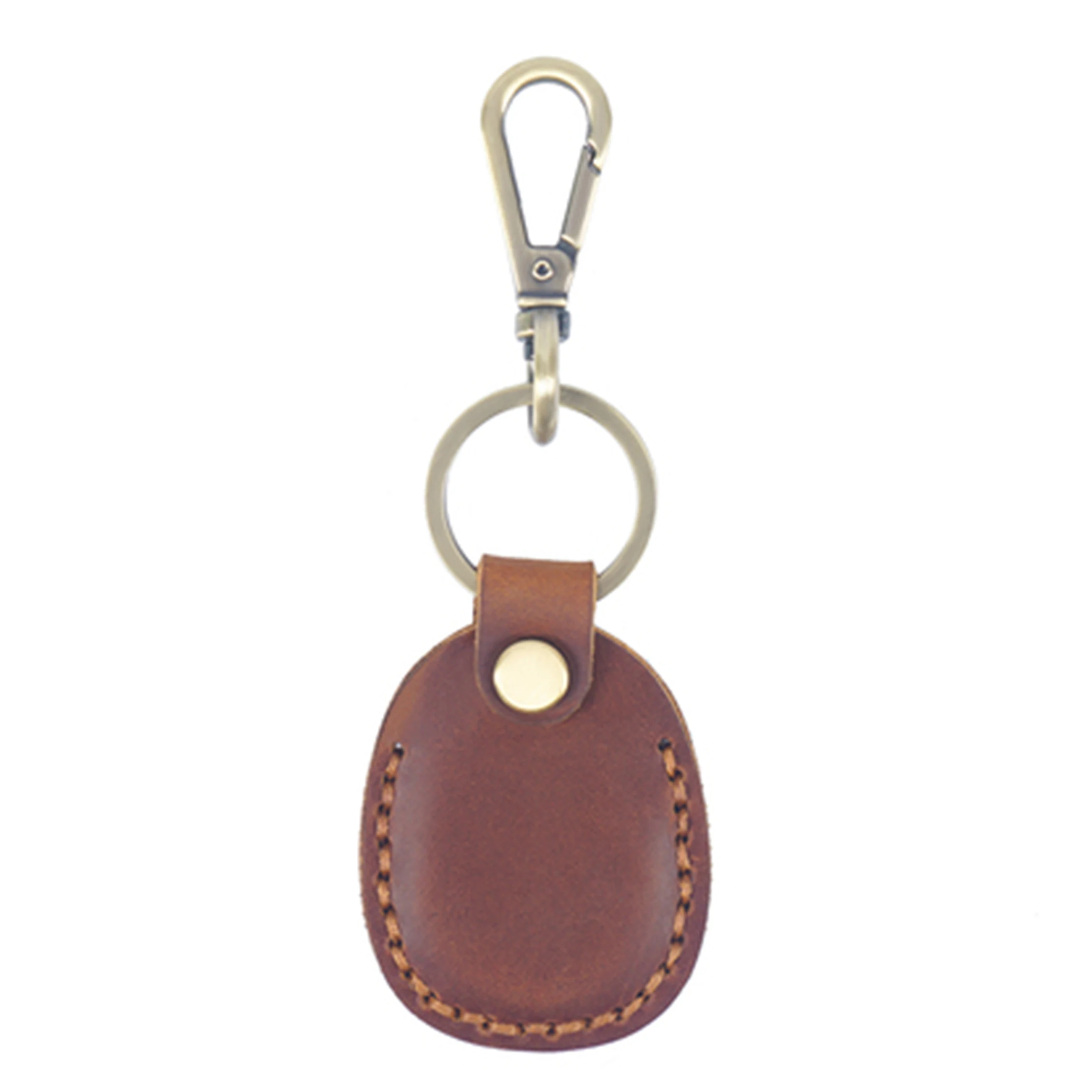 Hand-Stitched Top Grain Leather RFID Access Card Holder Keychain, Round Waterdrop Keyring Case with Genuine Leather Pendant for