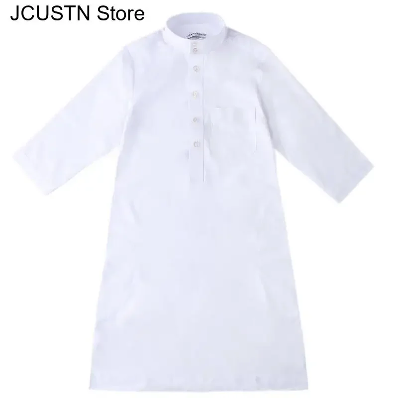 Islamico Musulmano Juba Caftano Veste Musulmano Ragazzi Robe Abito Arabo Dubai Qatar Abaya 110-160Cm Ragazzo Veste Solido Colletto Alla coreana Abito lungo