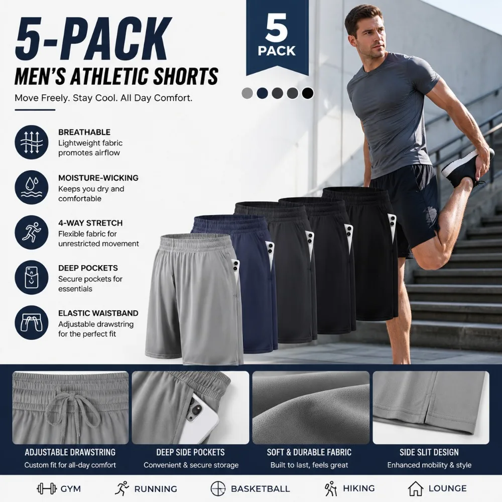 

Men’s Quick Dry Athletic Workout Shorts Elastic Waist Casual Active Bottoms with Secure Side Pockets for Sports Gym Running