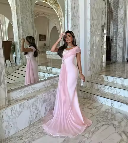 customized One Shoulder Prom Dresses Sheath Muslim Pink Evening Dress Floor Length Robe De Soiree Formal Party Dress