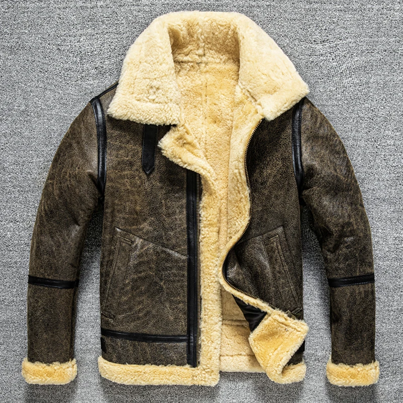 Giacca invernale in Shearling da uomo marrone stile militare Plus Size 5XL in pelle di pecora naturale calda B3 Bomber cappotti in vera pelle