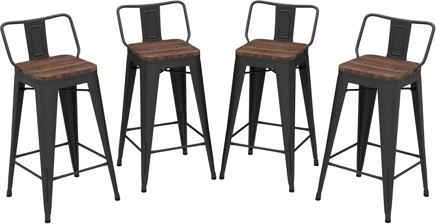 Bar Stools Set of 4 Counter Height Stools Industrial Metal Barstools with Wooden Seats (30 Inch, Matte Black)